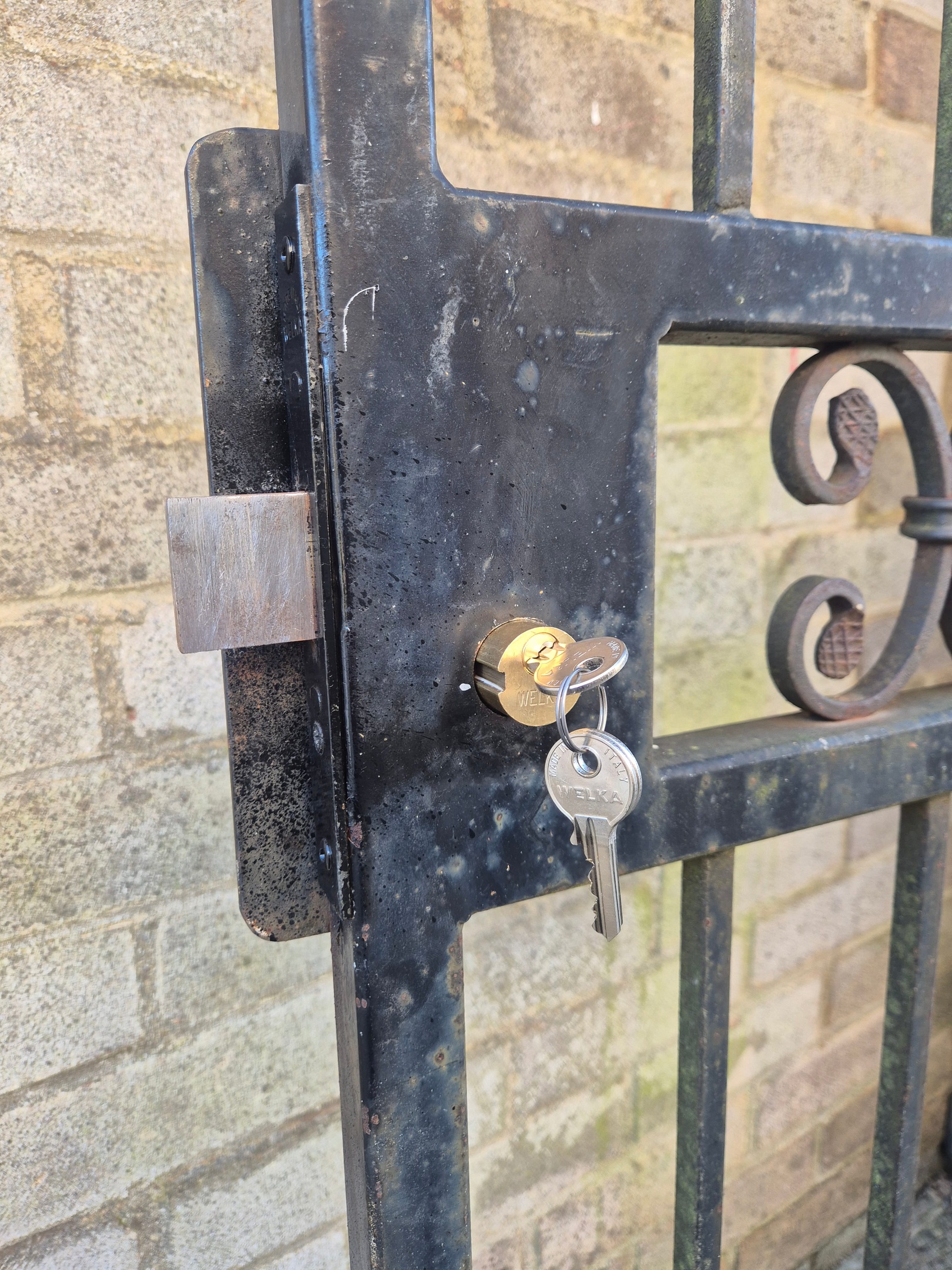 Commercial security gate repaired with new brass Welka lock and 3 keys in Crossgates
