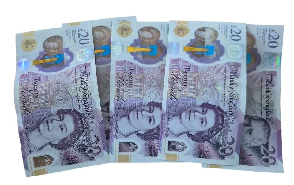 Picture of five £20 notes laid in a row